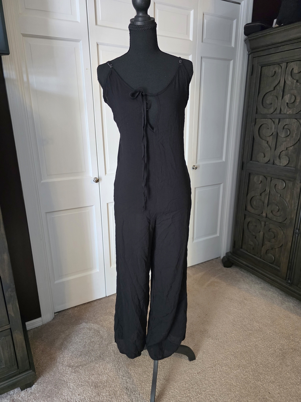NYTT Stacy Black Tie Front Wide Leg Jumpsuit NWT Medium Made in USA